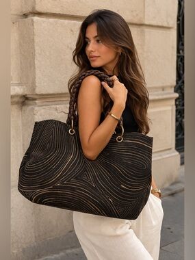 BOTTEGA VENETA Tote Bag Canvas Black Gold- 💯 Authentic